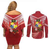 Tonga Darts Couples Matching Off Shoulder Short Dress and Long Sleeve Button Shirt Tongan Ngatu Pattern LT14 - Polynesian Pride