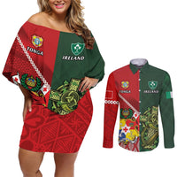 Custom Tonga And Ireland Rugby Couples Matching Off Shoulder Short Dress and Long Sleeve Button Shirt Ikale Tahi With Shamrocks LT14 Red - Polynesian Pride