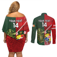 Custom Tonga And Ireland Rugby Couples Matching Off Shoulder Short Dress and Long Sleeve Button Shirt Ikale Tahi With Shamrocks LT14 - Polynesian Pride