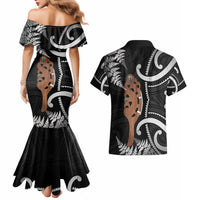 New Zealand Maripi Couples Matching Mermaid Dress and Hawaiian Shirt Silver Fern Mix Aotearoa Maori Pattern