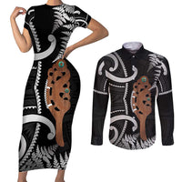 New Zealand Maripi Couples Matching Short Sleeve Bodycon Dress and Long Sleeve Button Shirt Silver Fern Mix Aotearoa Maori Pattern