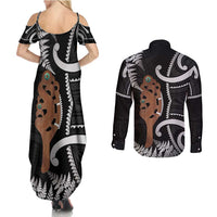 New Zealand Maripi Couples Matching Summer Maxi Dress and Long Sleeve Button Shirt Silver Fern Mix Aotearoa Maori Pattern