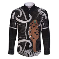 New Zealand Maripi Family Matching Puletasi and Hawaiian Shirt Silver Fern Mix Aotearoa Maori Pattern LT14 Dad's Shirt - Long Sleeve Black - Polynesian Pride