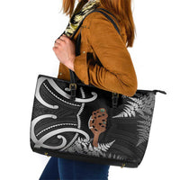 New Zealand Maripi Leather Tote Bag Silver Fern Mix Aotearoa Maori Pattern LT14 Black - Polynesian Pride
