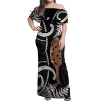 New Zealand Maripi Off Shoulder Maxi Dress Silver Fern Mix Aotearoa Maori Pattern