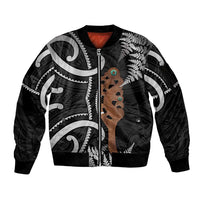New Zealand Maripi Sleeve Zip Bomber Jacket Silver Fern Mix Aotearoa Maori Pattern LT14 Unisex Black - Polynesian Pride