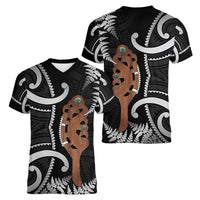 New Zealand Maripi Women V-Neck T-Shirt Silver Fern Mix Aotearoa Maori Pattern