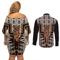 New Zealand Couples Matching Off Shoulder Short Dress and Long Sleeve Button Shirt Maori Maripi Knife With Poutama Art