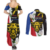 Personalised Philippines Carabao Couples Matching Summer Maxi Dress and Long Sleeve Button Shirt Filipino Sun Mix Sampaguita Flower