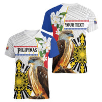 Personalised Philippines Eagle Women V-Neck T-Shirt Filipino Sun Mix Sampaguita Flower