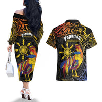 Philippines Sarimanok Couples Matching Off The Shoulder Long Sleeve Dress and Hawaiian Shirt Papanok Legendary Bird Okir Polynesian Pattern