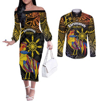 Philippines Sarimanok Couples Matching Off The Shoulder Long Sleeve Dress and Long Sleeve Button Shirt Papanok Legendary Bird Okir Polynesian Pattern