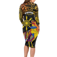 Philippines Sarimanok Long Sleeve Bodycon Dress Papanok Legendary Bird Okir Polynesian Pattern