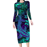 Purple Polynesian Family Matching Long Sleeve Bodycon Dress and Hawaiian Shirt Tribal Hammerhead Shark LT14