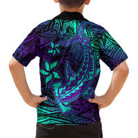 Purple Polynesian Family Matching Outfits Off Shoulder Maxi Dress And Hawaiian Shirt Tribal Hammerhead Shark LT14