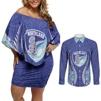 Northland 2026 Rugby Custom Couples Matching Off Shoulder Short Dress and Long Sleeve Button Shirt NZ Maori Silver Fern LT14 Blue - Polynesian Pride