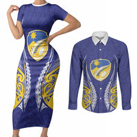 Otago 2026 Rugby Custom Couples Matching Short Sleeve Bodycon Dress and Long Sleeve Button Shirt NZ Maori Silver Fern LT14 Blue - Polynesian Pride