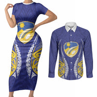 Otago 2026 Rugby Custom Couples Matching Short Sleeve Bodycon Dress and Long Sleeve Button Shirt NZ Maori Silver Fern LT14 Blue - Polynesian Pride