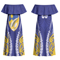 Otago 2026 Rugby Custom Family Matching Off Shoulder Maxi Dress and Hawaiian Shirt NZ Maori Silver Fern LT14 Mom's Dress Blue - Polynesian Pride