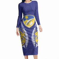 Otago 2026 Rugby Custom Long Sleeve Bodycon Dress NZ Maori Silver Fern LT14 Long Dress Blue - Polynesian Pride