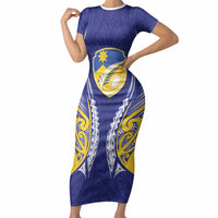 Otago 2026 Rugby Custom Short Sleeve Bodycon Dress NZ Maori Silver Fern LT14 Long Dress Blue - Polynesian Pride