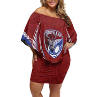 Southland 2026 Rugby Custom Off Shoulder Short Dress NZ Maori Silver Fern LT14 Women Maroon - Polynesian Pride