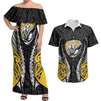 Taranaki 2026 Rugby Custom Couples Matching Off Shoulder Maxi Dress and Hawaiian Shirt NZ Maori Silver Fern LT14 Black - Polynesian Pride