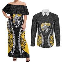 Taranaki 2026 Rugby Custom Couples Matching Off Shoulder Maxi Dress and Long Sleeve Button Shirt NZ Maori Silver Fern LT14 Black - Polynesian Pride