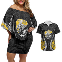 Taranaki 2026 Rugby Custom Couples Matching Off Shoulder Short Dress and Hawaiian Shirt NZ Maori Silver Fern LT14 Black - Polynesian Pride
