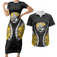 Taranaki 2026 Rugby Custom Couples Matching Short Sleeve Bodycon Dress and Hawaiian Shirt NZ Maori Silver Fern LT14 Black - Polynesian Pride