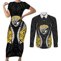 Taranaki 2026 Rugby Custom Couples Matching Short Sleeve Bodycon Dress and Long Sleeve Button Shirt NZ Maori Silver Fern LT14 Black - Polynesian Pride