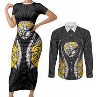 Taranaki 2026 Rugby Custom Couples Matching Short Sleeve Bodycon Dress and Long Sleeve Button Shirt NZ Maori Silver Fern LT14 Black - Polynesian Pride