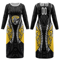 Taranaki 2026 Rugby Custom Family Matching Long Sleeve Bodycon Dress and Hawaiian Shirt NZ Maori Silver Fern LT14 Mom's Dress Black - Polynesian Pride