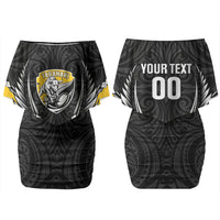 Taranaki 2026 Rugby Custom Family Matching Off Shoulder Short Dress and Hawaiian Shirt NZ Maori Silver Fern LT14 Mom's Dress Black - Polynesian Pride