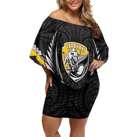 Taranaki 2026 Rugby Custom Off Shoulder Short Dress NZ Maori Silver Fern LT14 Women Black - Polynesian Pride