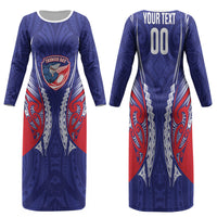 Tasman Bay 2026 Rugby Custom Family Matching Long Sleeve Bodycon Dress and Hawaiian Shirt NZ Maori Silver Fern LT14 Mom's Dress Blue - Polynesian Pride