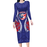 Tasman Bay 2026 Rugby Custom Long Sleeve Bodycon Dress NZ Maori Silver Fern LT14 Long Dress Blue - Polynesian Pride