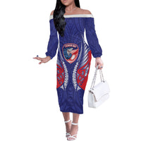Tasman Bay 2026 Rugby Custom Off The Shoulder Long Sleeve Dress NZ Maori Silver Fern LT14 Women Blue - Polynesian Pride