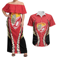 Waikato 2026 Rugby Custom Couples Matching Off Shoulder Maxi Dress and Hawaiian Shirt NZ Maori Silver Fern LT14 Red - Polynesian Pride