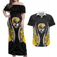Wellington 2026 Rugby Custom Couples Matching Off Shoulder Maxi Dress and Hawaiian Shirt NZ Maori Silver Fern LT14 Black - Polynesian Pride