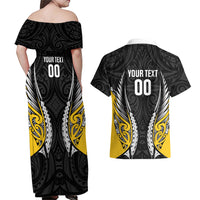 Wellington 2026 Rugby Custom Couples Matching Off Shoulder Maxi Dress and Hawaiian Shirt NZ Maori Silver Fern LT14 - Polynesian Pride