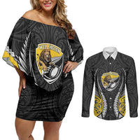 Wellington 2026 Rugby Custom Couples Matching Off Shoulder Short Dress and Long Sleeve Button Shirt NZ Maori Silver Fern LT14 Black - Polynesian Pride
