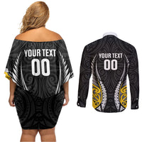 Wellington 2026 Rugby Custom Couples Matching Off Shoulder Short Dress and Long Sleeve Button Shirt NZ Maori Silver Fern LT14 - Polynesian Pride