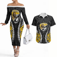 Wellington 2026 Rugby Custom Couples Matching Off The Shoulder Long Sleeve Dress and Hawaiian Shirt NZ Maori Silver Fern LT14 Black - Polynesian Pride