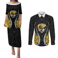 Wellington 2026 Rugby Custom Couples Matching Puletasi and Long Sleeve Button Shirt NZ Maori Silver Fern LT14 Black - Polynesian Pride