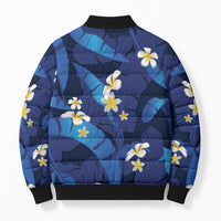 Teal Purple Banana Leaf Hawaii Bomber Puffer Jacket Lau Maia Plumeria Tropical Summer Vibes