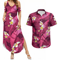 Pink Banana Leaf Hawaii Couples Matching Summer Maxi Dress and Hawaiian Shirt Lau Maia Plumeria Tropical Summer Vibes