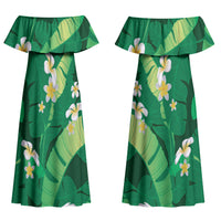 Green Banana Leaf Hawaii Couples Matching Off Shoulder Maxi Dress and Hawaiian Shirt Lau Maia Plumeria Tropical Summer Vibes