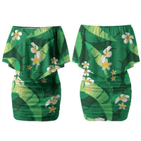 Green Banana Leaf Hawaii Couples Matching Off Shoulder Short Dress and Hawaiian Shirt Lau Maia Plumeria Tropical Summer Vibes