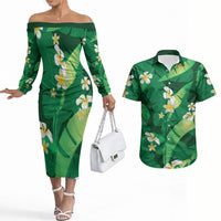 Green Banana Leaf Hawaii Couples Matching Off The Shoulder Long Sleeve Dress and Hawaiian Shirt Lau Maia Plumeria Tropical Summer Vibes LT14 Green - Polynesian Pride